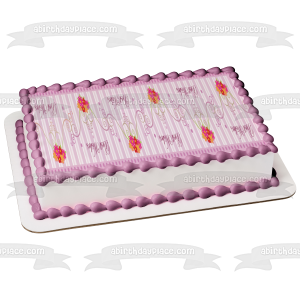 Best Wishes Flowers Purple Stripes and Polka Dots Edible Cake Topper Image ABPID13231