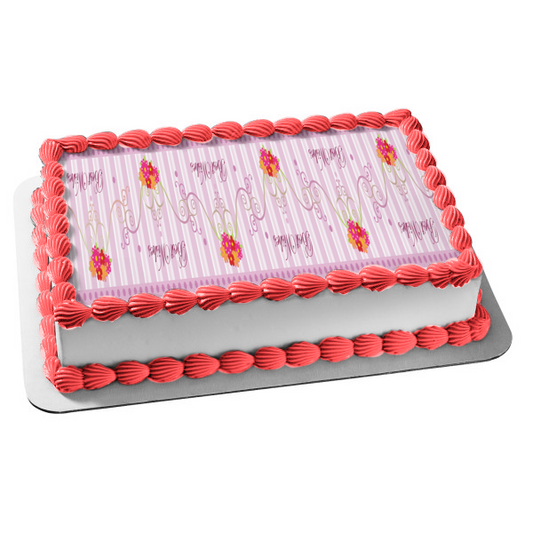 Best Wishes Flowers Purple Stripes and Polka Dots Edible Cake Topper Image ABPID13231