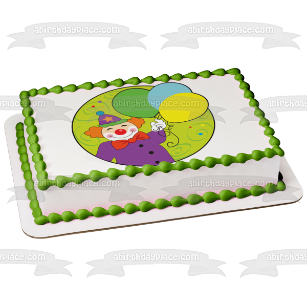 Cartoon Clown Happy Birthday Green Blue Yellow Balloons Edible Cake Topper Image ABPID13234