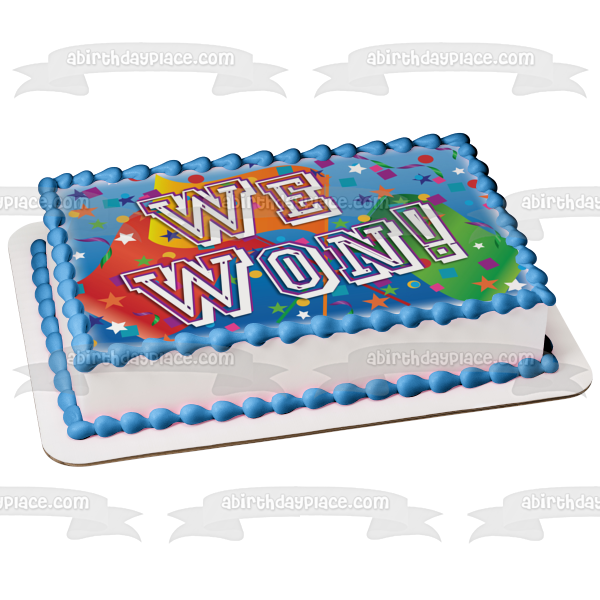 We Won Flags Streamers Confetti Blue Background Edible Cake Topper Image ABPID13235