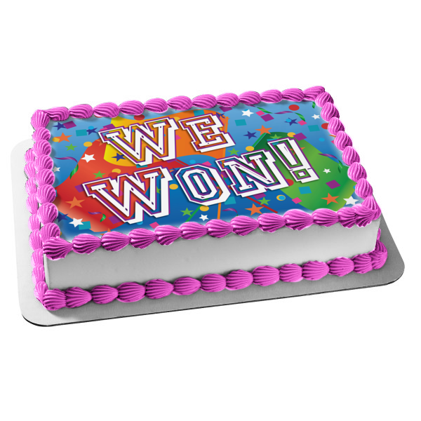 We Won Flags Streamers Confetti Blue Background Edible Cake Topper Image ABPID13235