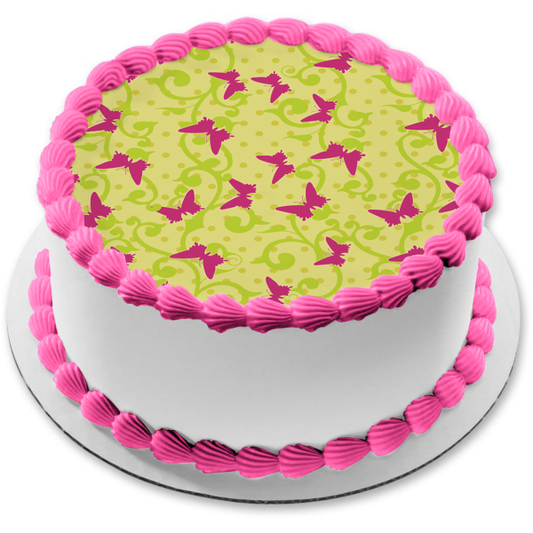 Purple Butterflies Green Polka Dot and Vines Edible Cake Topper Image ABPID13122