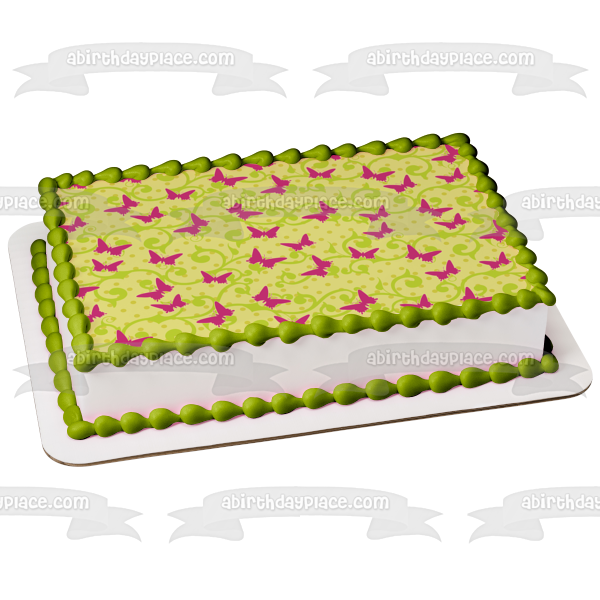 Purple Butterflies Green Polka Dot and Vines Edible Cake Topper Image ABPID13122