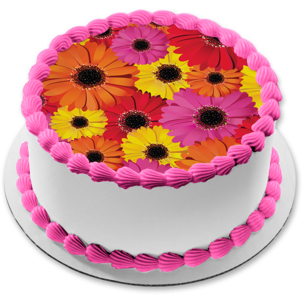 Flowers Red Pink Orange Yellow Sparkle Centers Edible Cake Topper Image ABPID13242
