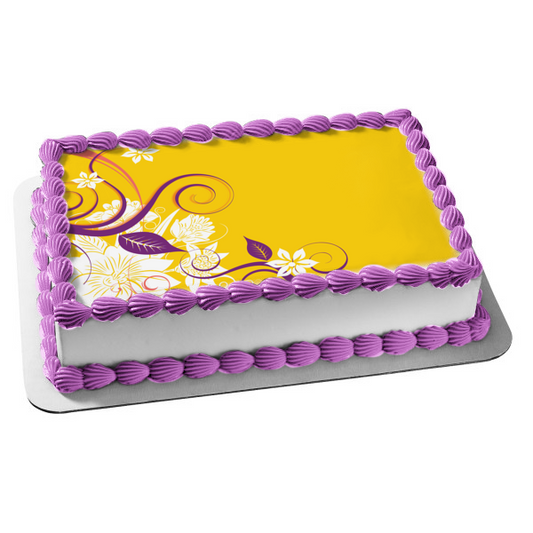 White Flowers Purple Leaves Pattern Yellow Background Edible Cake Topper Image ABPID13243