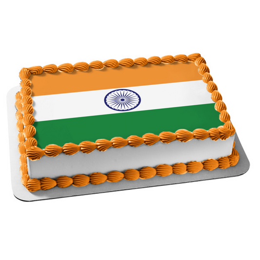 Flag of India Green White Orange Blue Stripes Blue Ashoka Chakra Edible Cake Topper Image ABPID13245