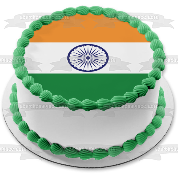 Flag of India Green White Orange Blue Stripes Blue Ashoka Chakra Edible Cake Topper Image ABPID13245