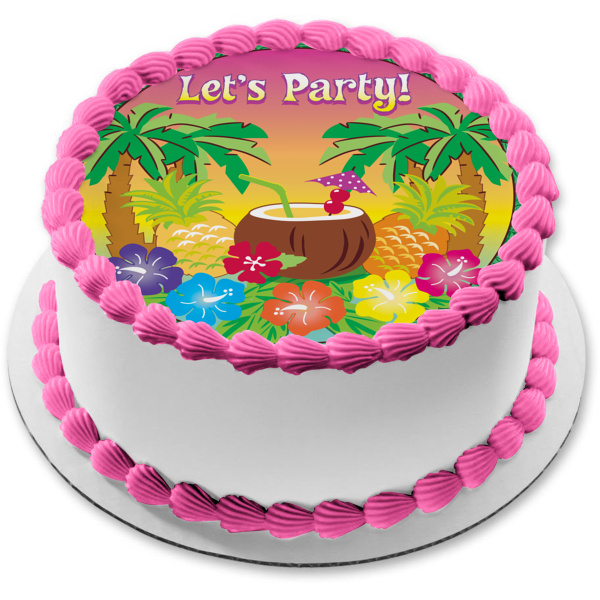 Let's Party Hawaiian Luau Palm Trees Coconut Pineapple Flowers Edible Cake Topper Image ABPID13247
