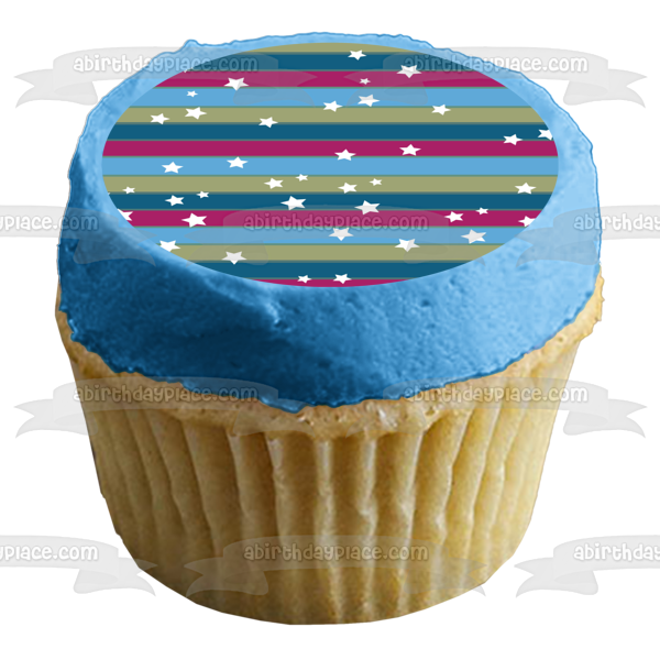 Blue Purple Grey Striped Pattern White Stars Edible Cake Topper Image ABPID13248