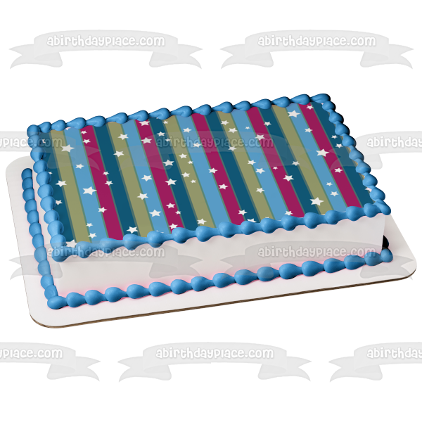 Blue Purple Grey Striped Pattern White Stars Edible Cake Topper Image ABPID13248
