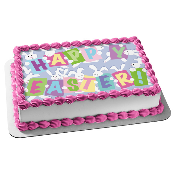 Happy Easter White Bunnies Blue Background Edible Cake Topper Image ABPID13132