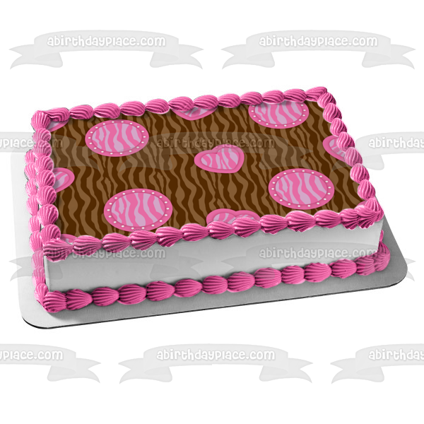 Zebra Pattern Brown Pink Circkes Hearts Edible Cake Topper Image ABPID13133