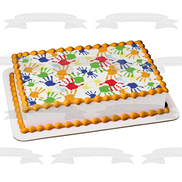 Hand Prints Blue Green Orange Red Edible Cake Topper Image ABPID13252