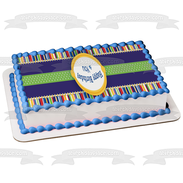 Happy Birthday to You Blue Red Orange Small Stripes Blue Green Polka Dot Center Stripes Edible Cake Topper Image ABPID13254