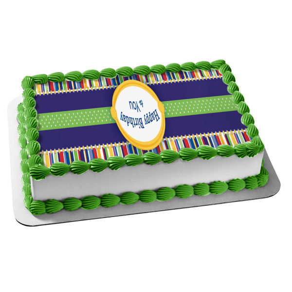 Happy Birthday to You Blue Red Orange Small Stripes Blue Green Polka Dot Center Stripes Edible Cake Topper Image ABPID13254