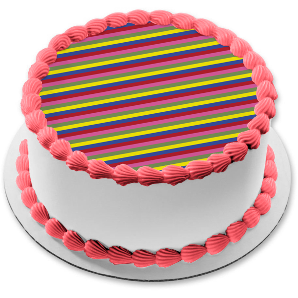 Yellow Blue Red Pink Green Diagonal Stripes Edible Cake Topper Image ABPID13256