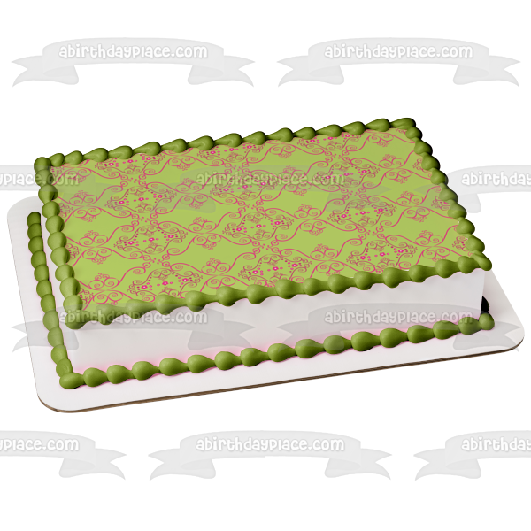 Pink Hearts Flowers Green Background Edible Cake Topper Image ABPID13139