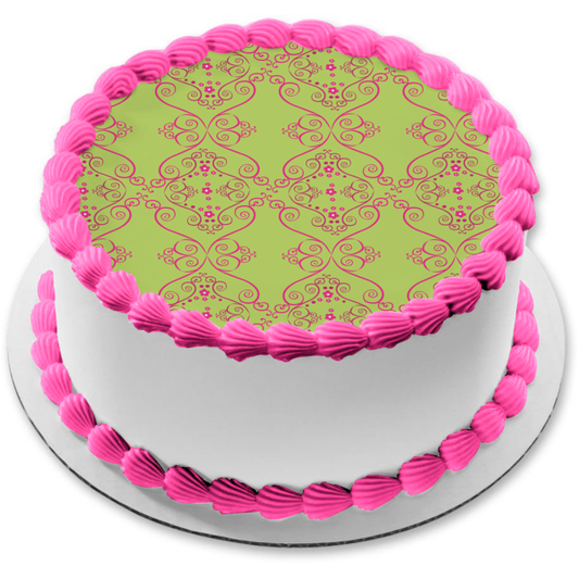 Pink Hearts Flowers Green Background Edible Cake Topper Image ABPID13139