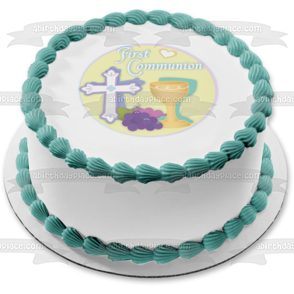 First Commuion Cross Wine Glass Grapes Hearts Edible Cake Topper Image ABPID13259