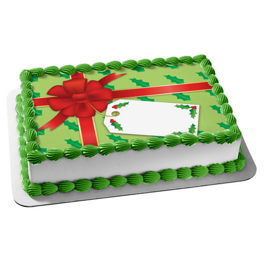 Merry Christmas Happy Holidays Present Mistletoe Red Ribbon Name Tag Edible Cake Topper Image ABPID13143