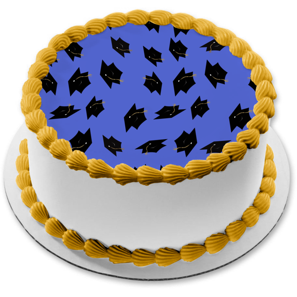 Graduation Black Caps Tassle Blue Background Edible Cake Topper Image ABPID13149