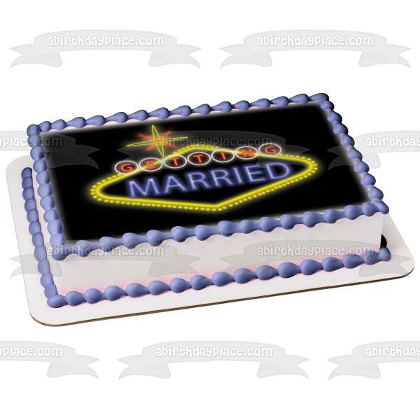 Getting Married Vegas Lights Star Black Background Edible Cake Topper Image ABPID13265