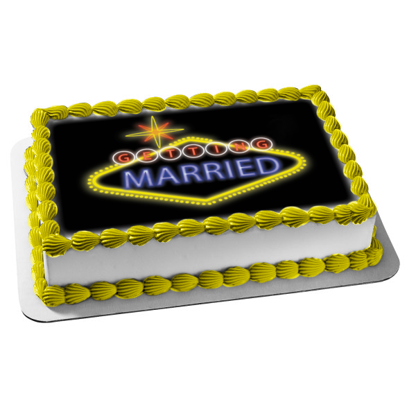 Getting Married Vegas Lights Star Black Background Edible Cake Topper Image ABPID13265