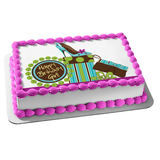 Happy Birthday Girl Present Wallet High Heel Shoe Edible Cake Topper Image ABPID13273