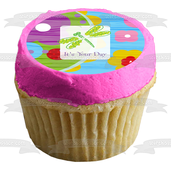 It's Your Day Dragonfly Colorful Flowers Edible Cake Topper Image ABPID13157