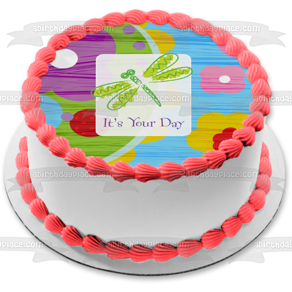 It's Your Day Dragonfly Colorful Flowers Edible Cake Topper Image ABPID13157