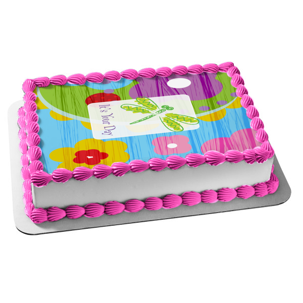 It's Your Day Dragonfly Colorful Flowers Edible Cake Topper Image ABPID13157