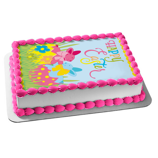Feliz Pascua Conejitos Huevos Hierba Decoración comestible para tarta Imagen ABPID13278 
