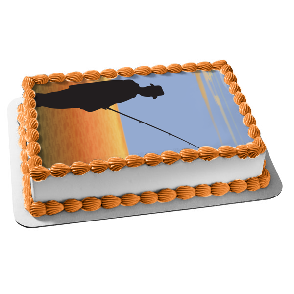 Fishing Man Silhouette Fishing Pole Lake Blue Sky Edible Cake Topper Image ABPID13280