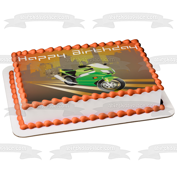 Happy Birthday Green Motorcycle Edible Cake Topper Image ABPID13167