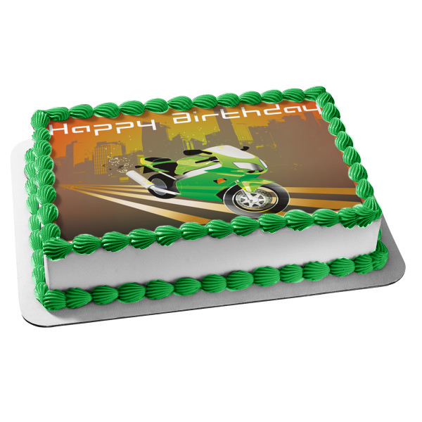 Happy Birthday Green Motorcycle Edible Cake Topper Image ABPID13167