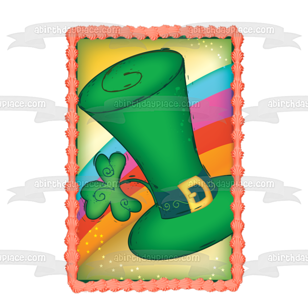 Happy Saint Patrick's Day Leprechaun Hat 4 Leaf Clover Rainbow Edible Cake Topper Image ABPID13286