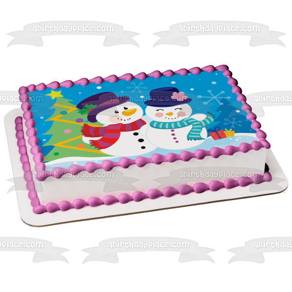 Merry Christmas Snowman and Snowwoman Christmas Tree Presents Edible Cake Topper Image ABPID13170