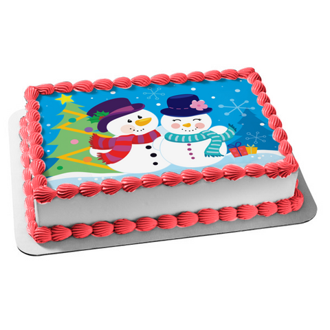 Merry Christmas Snowman and Snowwoman Christmas Tree Presents Edible Cake Topper Image ABPID13170