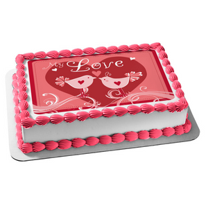 Happy Anniversary My Love Lovebirds Hearts Edible Cake Topper Image ABPID13288