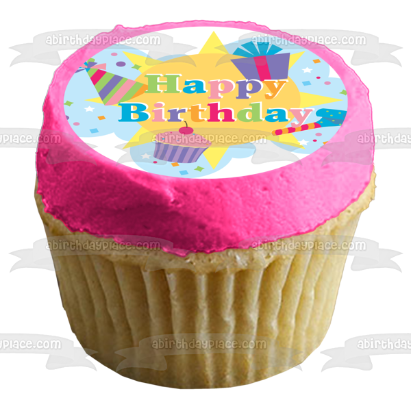 Happy Birthday Presents Party Hats Cupcakes Noise Makers Edible Cake Topper Image ABPID13291