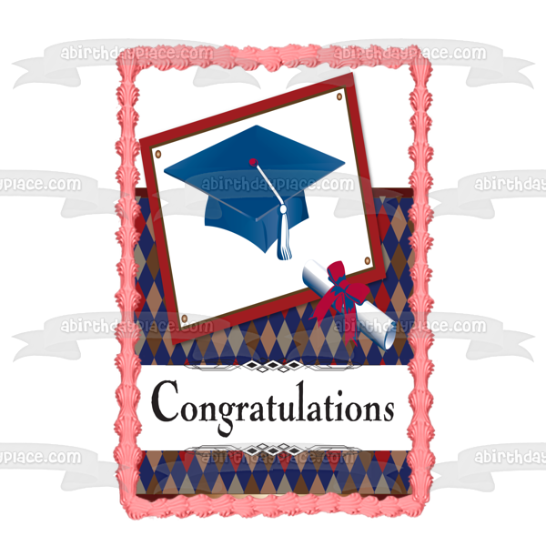 Graduation Congratulations Blue Cap Diploma Argyle Background Edible Cake Topper Image ABPID13173