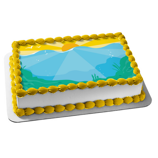 Imagen de decoración comestible para tarta con paisaje, montañas, atardecer, pájaros, ABPID13178 