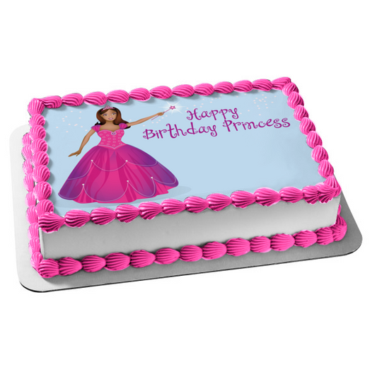 Feliz cumpleaños princesa niña vestido rosa tiara varita mágica decoración comestible para tarta imagen ABPID13300 