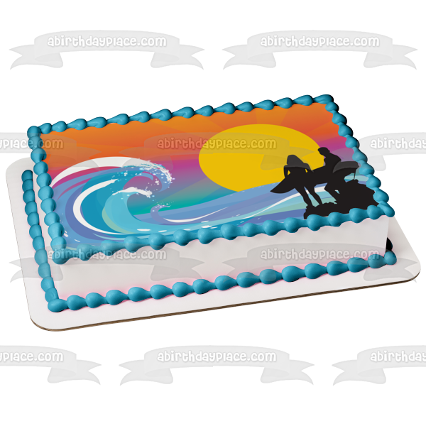Beach Sunset Man Woman Surfboards Silhouette Waves Edible Cake Topper Image ABPID13190