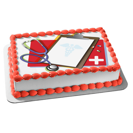 Doctor Stethoscope Medicine Capsules Clip Board Edible Cake Topper Image ABPID13194