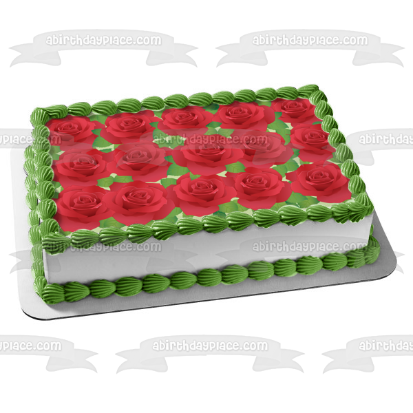 Red Roses Green Leaves Pattern Edible Cake Topper Image ABPID13199