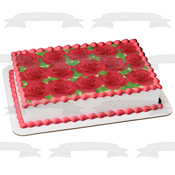 Red Roses Green Leaves Pattern Edible Cake Topper Image ABPID13199