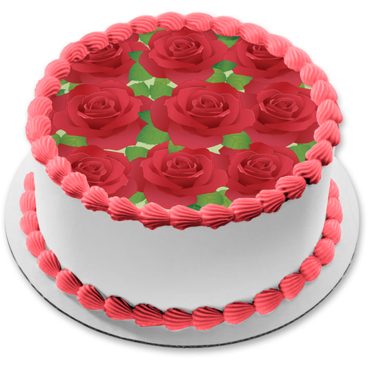 Adorno comestible para tarta con diseño de hojas verdes y rosas rojas, imagen ABPID13199 