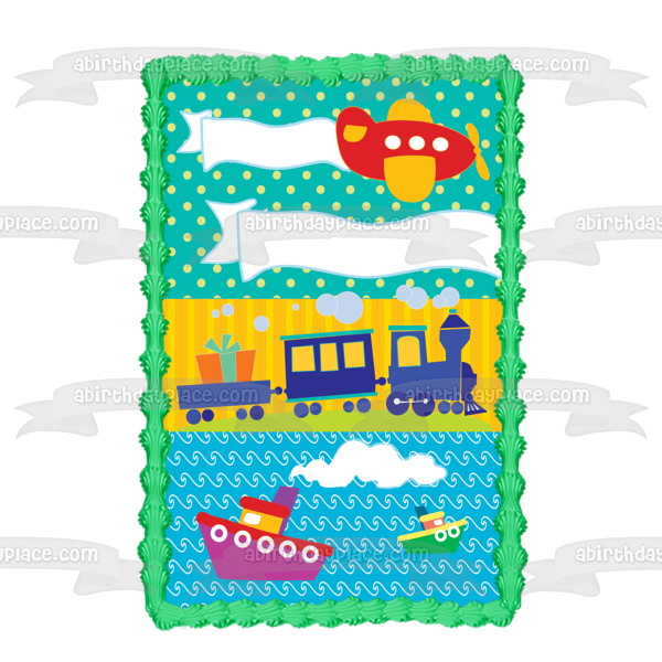 Happy Birthday Cartoon Airplane Trains Boats Present Edible Cake Topper Image ABPID13502
