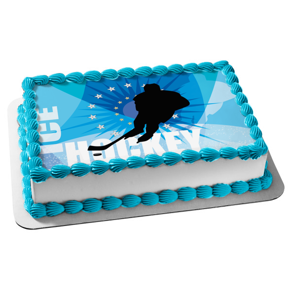 Sports Ice Hockey Player Hockey Stick Puck Stars Edible Cake Topper Image ABPID13313
